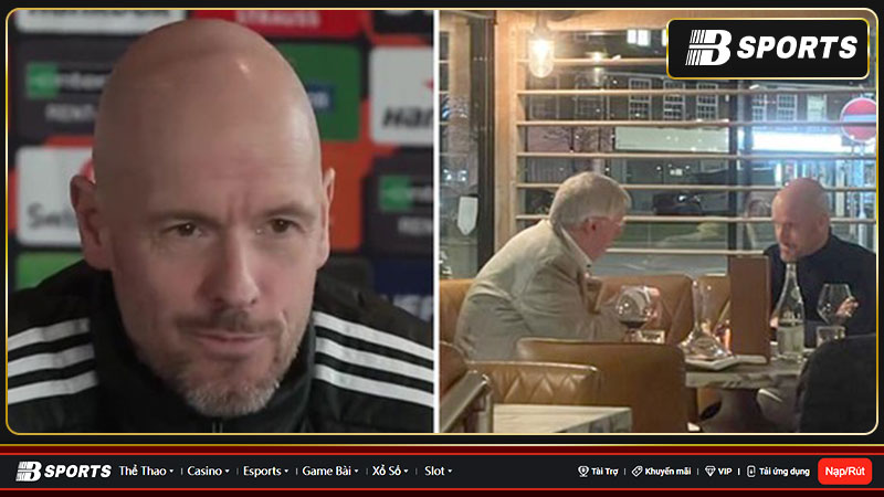 Erik ten Hag và Sir Alex Ferguson trước trận đấu Barca