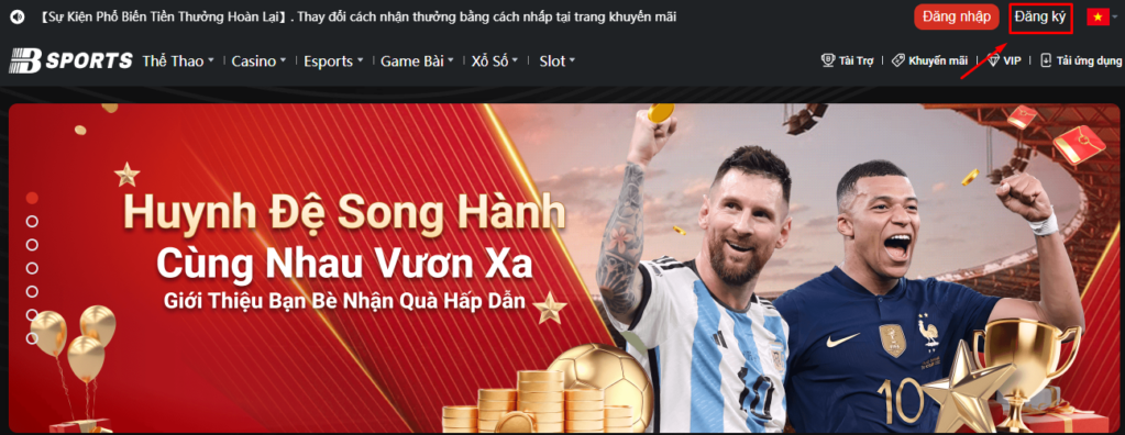 Nhấn "Đăng ký" góc phải màn hình để đăng ký BSports