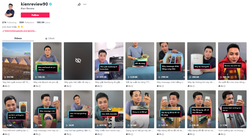 Kênh Tik tok kienreview90 có lượt người theo dõi khủng