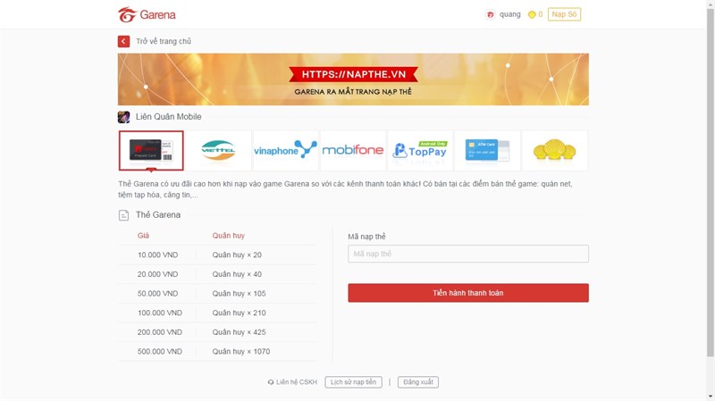 Hướng dẫn nạp Liên Quân 